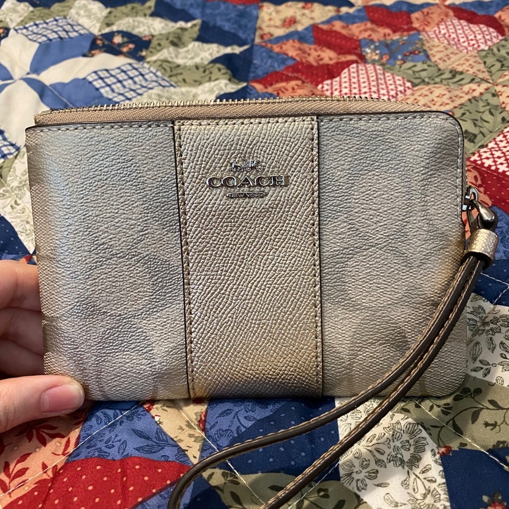 Coach Metallic Rose Gold Corner Zip Wristlet